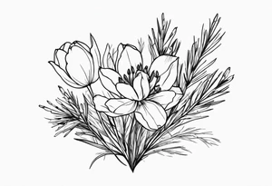 tulip and indian paintbrush flowers in a bouquet with pine branch and willow branch. minimalist, simple bouquet. small. tattoo idea