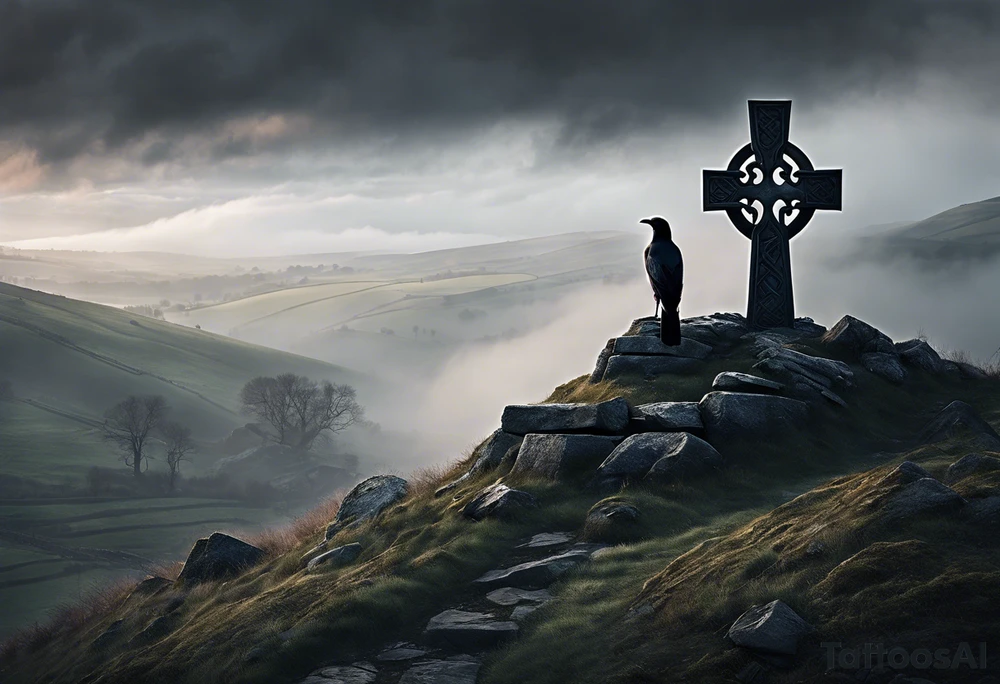 A stone Celtic cross solemnly standing atop a hill, a raven perches atop the cross staring out over the desolation. A ruined stone wall lies crumbling near the cross. Mist rolls along the hilltops adding to the melancholic nature of the scene. tattoo idea