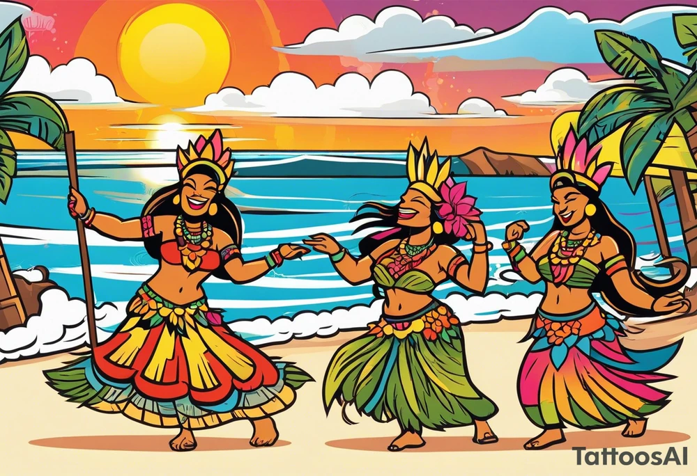 dancing tiki gods with sexy hula women having a dance part on the beach with a sunset in the center of the image with tiki gods tattoo idea