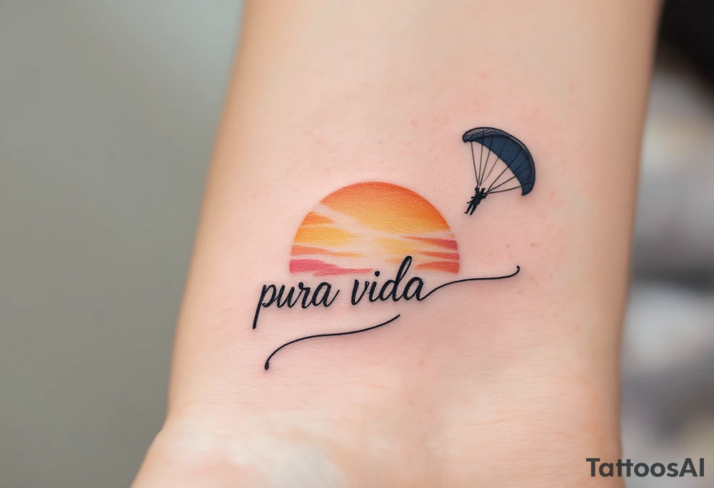 Cursive “Pura Vida” trailing behind a paragliding silhouette against a sunset gradient of yellow, orange, and magenta. tattoo idea
