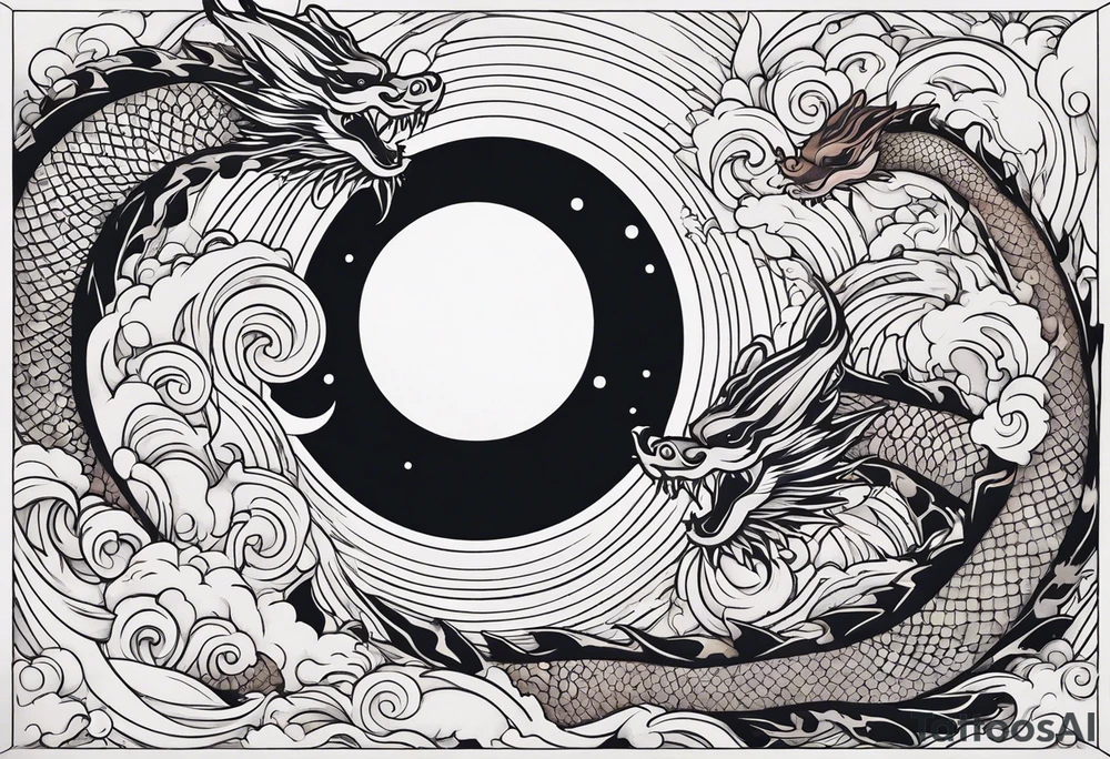 Small simple dragons fying over crescent moon which is on top of abstract ocean surface and 1 japanese koi fish with abstract smoke, and whole tattoo has a trippy feel tattoo idea