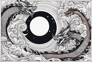 Small simple dragons fying over crescent moon which is on top of abstract ocean surface and 1 japanese koi fish with abstract smoke, and whole tattoo has a trippy feel tattoo idea