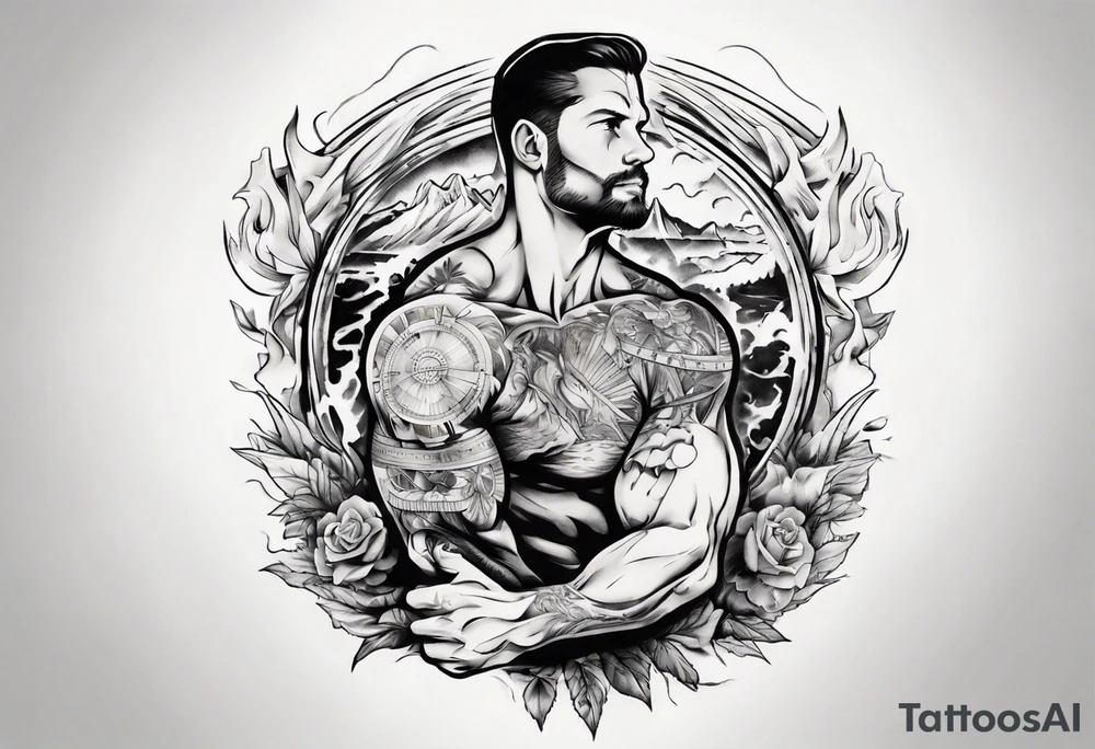 Inner bicep, stretched horizontally, visual representation of the journey of life tattoo idea
