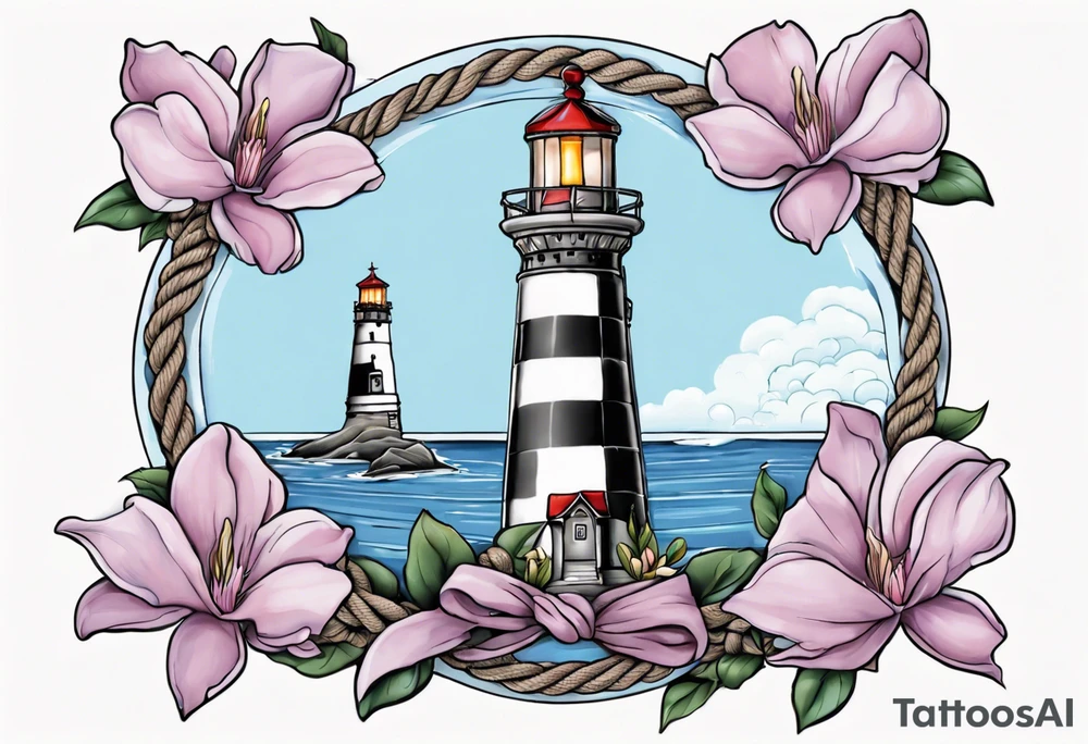 tattoo of a light house bordered by magnolia flowers and rope. Behind the light house is a periwinkle blue cancer ribbon tattoo idea