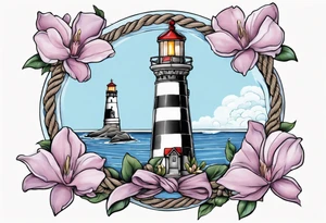 tattoo of a light house bordered by magnolia flowers and rope. Behind the light house is a periwinkle blue cancer ribbon tattoo idea