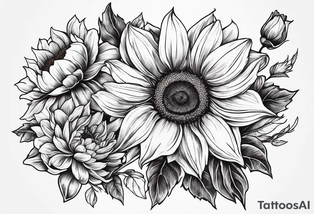 Sunflower daffodil, daisy, rose, Adler, chrysanthemum, holly Birth flower tattoo idea