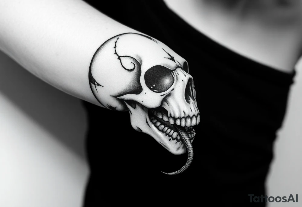A hyper-realistic Dark Mark, with the snake slithering out of the skull’s open mouth, coiled in a hypnotic pose tattoo idea