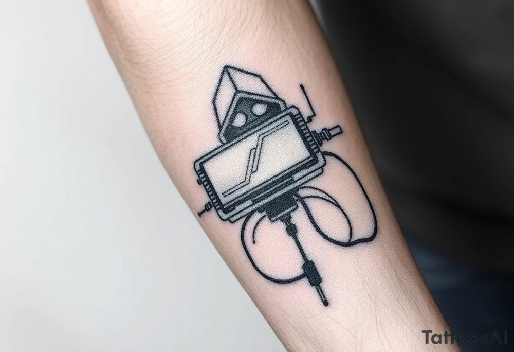 Tattoo for the top side of the forearm, black and gray, flash, hacker computer tech tattoo idea