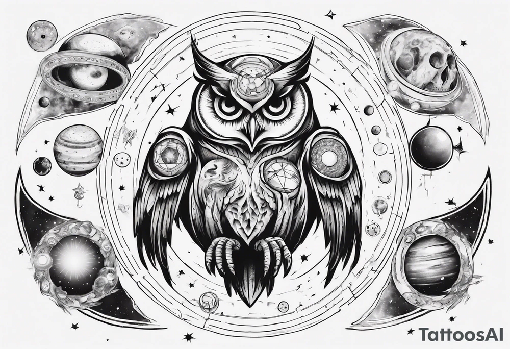 Demon Owlsurrounded by cosmic astrology and planets. tattoo idea