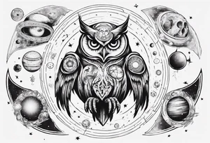 Demon Owlsurrounded by cosmic astrology and planets. tattoo idea