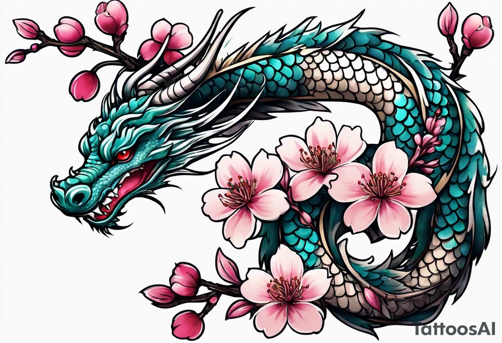 Cherry blossoms small branch with dragon tattoo idea