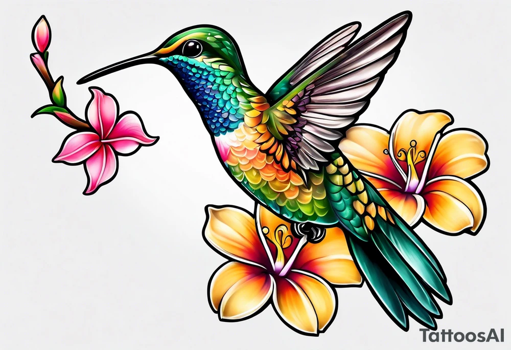 Hummingbird with a plumeria masculine style colorful tattoo idea