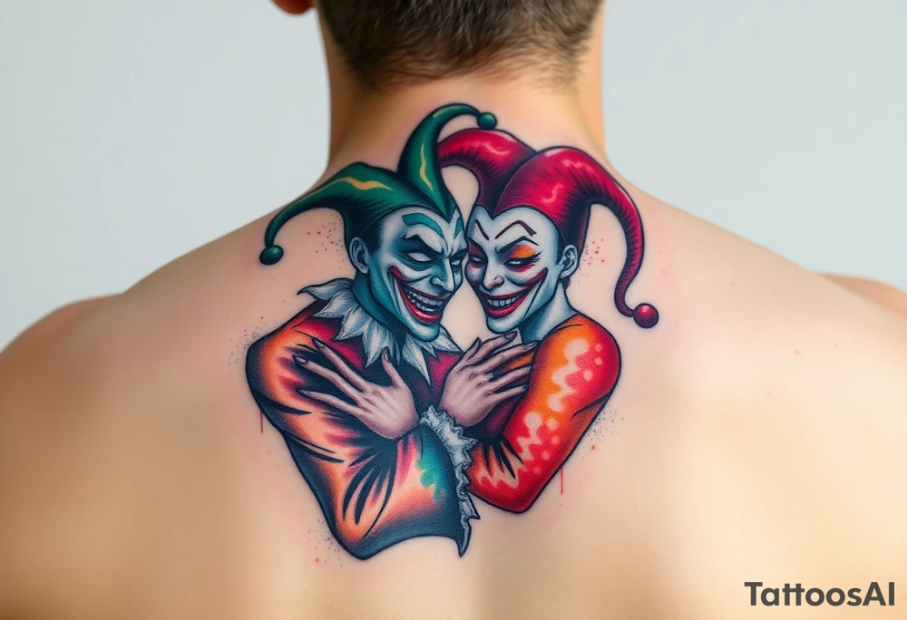 a toxic power jester couple holding each other with cheeks being pulled to force smile tattoo idea
