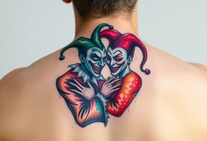 a toxic power jester couple holding each other with cheeks being pulled to force smile tattoo idea