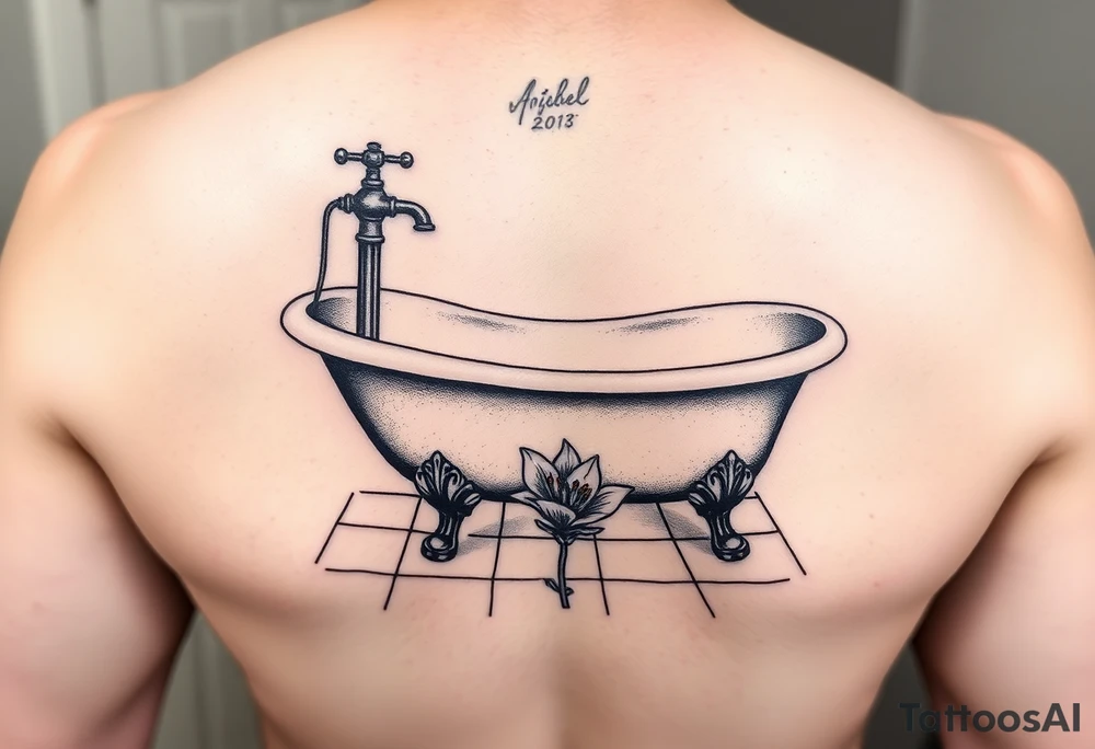 clawfoot bathtub with faucet on a tile floor and lily coming up out the floor tattoo idea