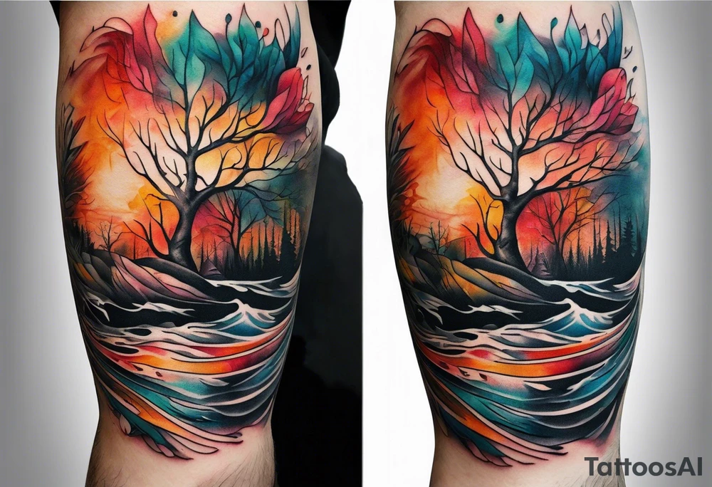 Knee tattoo in fall colors with water flow washes tattoo idea
