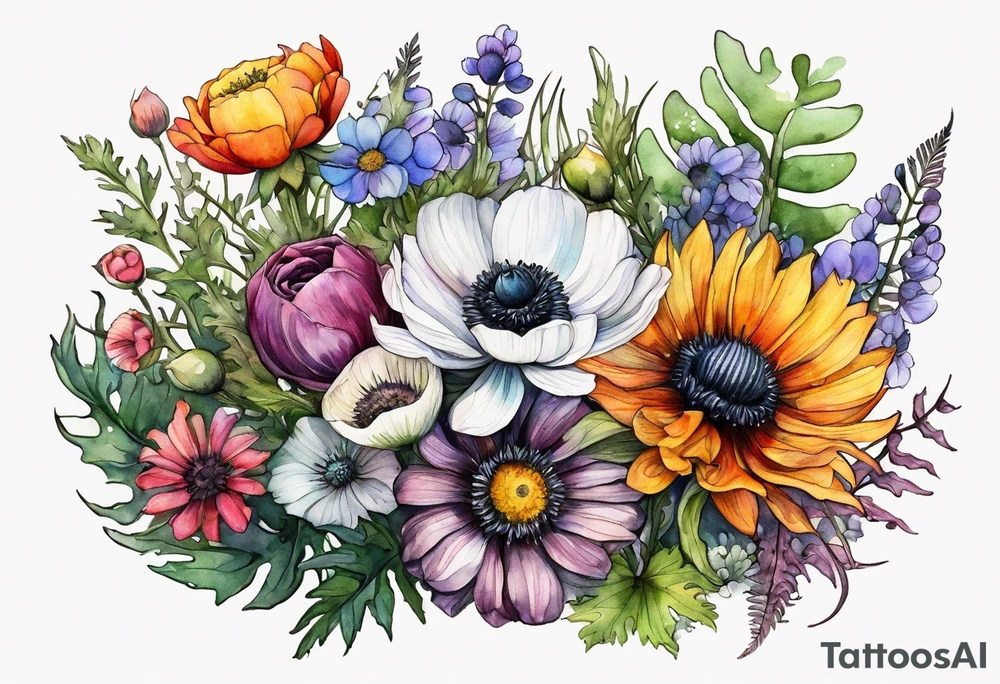 wildflowers with thistles, ferns, ranuculus, white anemones with black center, sun flowers, mixed color flowers and different shapes all in watercolor tattoo idea