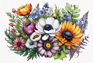 wildflowers with thistles, ferns, ranuculus, white anemones with black center, sun flowers, mixed color flowers and different shapes all in watercolor tattoo idea