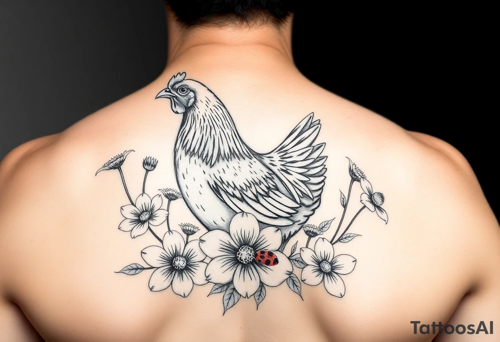 A chicken surrounded by wildflowers with ladybug on flowers petal tattoo idea