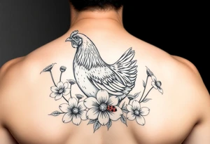 A chicken surrounded by wildflowers with ladybug on flowers petal tattoo idea