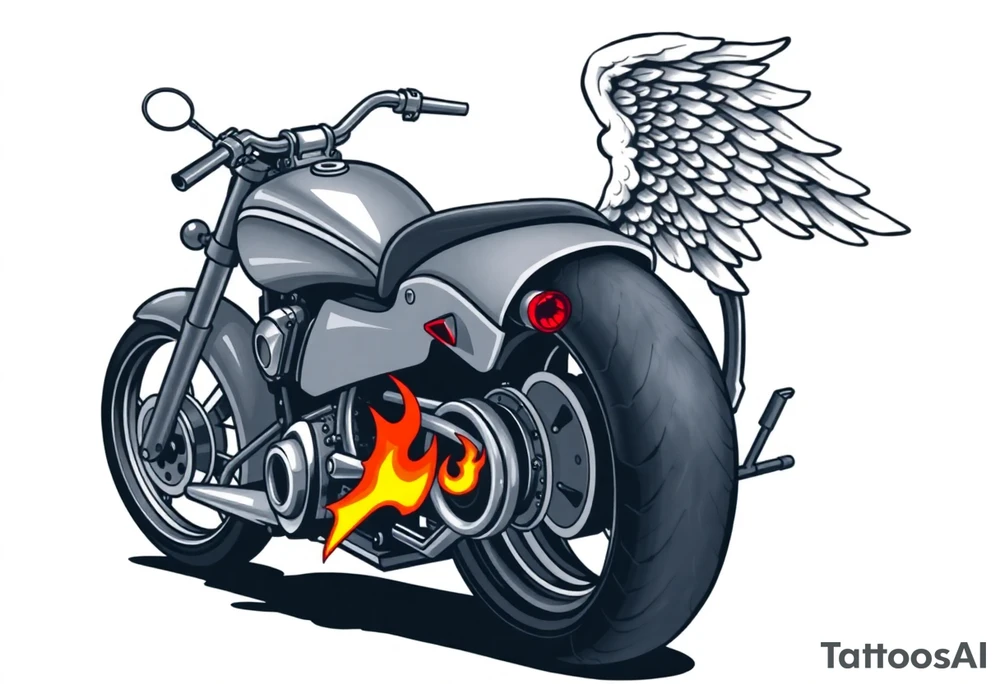Low rider grey motorcycle, big muffler pipes with flames, angel wings, driving away, no person tattoo idea