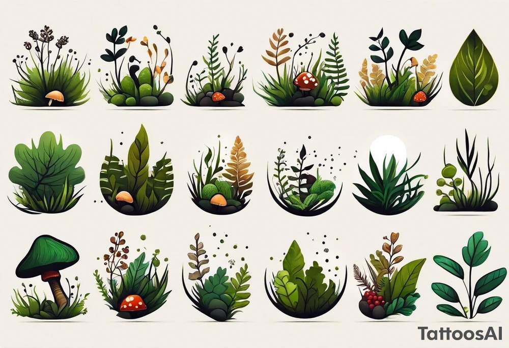 minimalistic forest floor inspired tattoo, which includes grass, moss, curly ferns and dead leaves as the bulk of the tattoo. details to include: forest berries, couple of very small brown mushrooms, a tiny bumblebee flying nearby tattoo idea