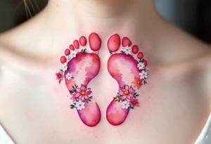 Soft pink and white footprints of Nikol, with a crown of little flowers around the prints, representing her royal and sweet essence. tattoo idea