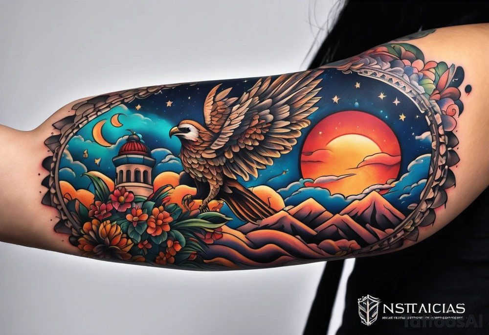 Arm sleeve inspired by Mexican American imagery and space tattoo idea