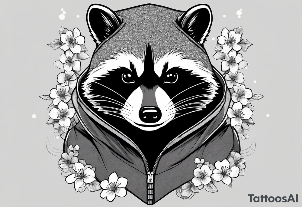 Raccoon wearing a Superman hoodie and Japanese cherry blossoms tattoo idea