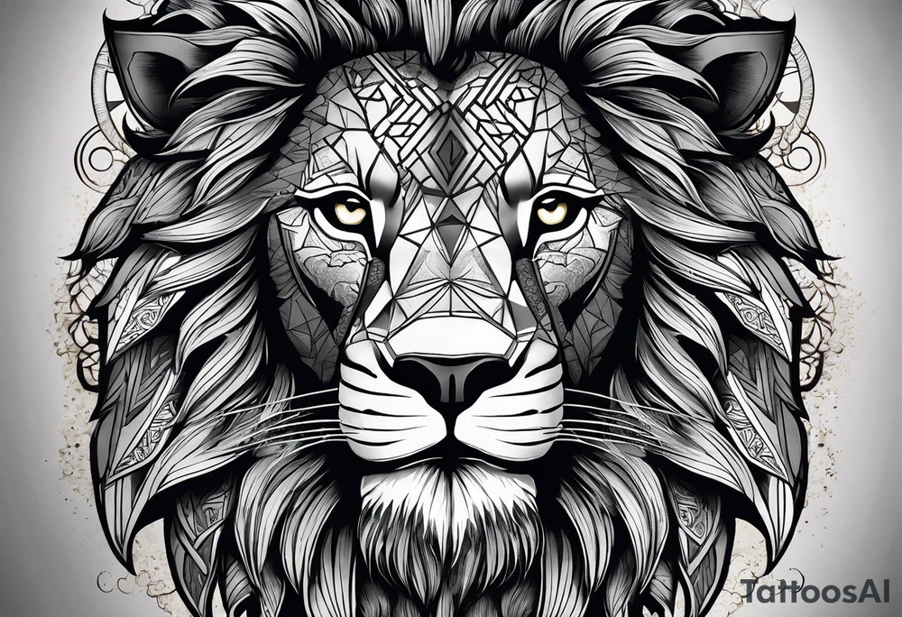 A full tattoo sleeve designed with a strong, masculine aesthetic, featuring a powerful lion as the centerpiece. The lion, symbolizing strength, courage, and leadership, is depicted with intricate detail and dynamic shading, capturing its fierce expression and majestic mane. Surrounding the lion, incorporate geometric patterns that add structure and contrast to the design. These patterns are bold and angular, creating a sense of order and symmetry that complements the natural form of the lion. The geometric elements are woven around the lion, emphasizing its central position while providing a modern, edgy backdrop. The shading throughout the sleeve is deep and dramatic, enhancing the contrast between the organic features of the lion and the precise lines of the geometric patterns. The overall design is bold, intense, and visually striking, combining the raw power of the lion with the clean, ordered aesthetic of geometric patterns for a cohesive and masculine tattoo sleeve. tattoo idea
