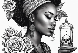 black women with no eyes facing side ways with a  skull, roses and burning candle in her hand tattoo tattoo idea