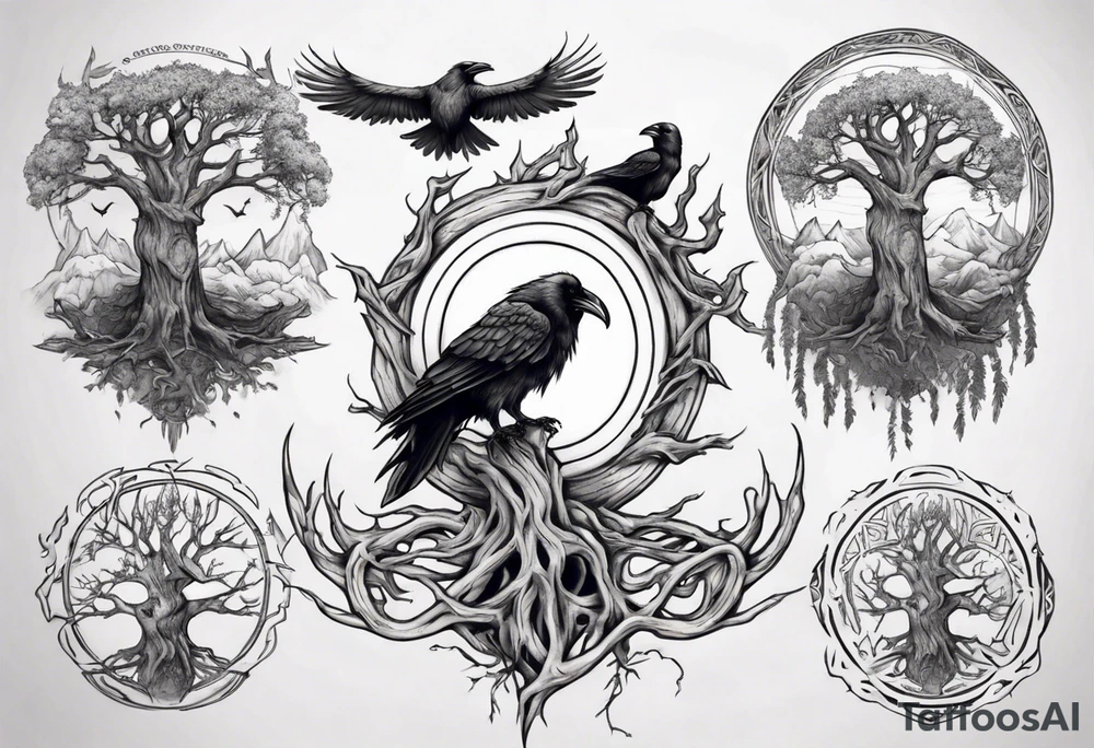 odin's ravens sitting on yggdrasil tattoo idea