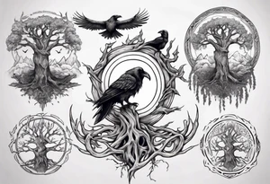 odin's ravens sitting on yggdrasil tattoo idea