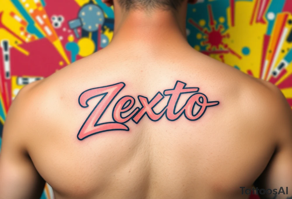 A bright colored graffiti style background with the name Zexto in script tattoo idea