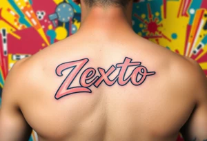 A bright colored graffiti style background with the name Zexto in script tattoo idea