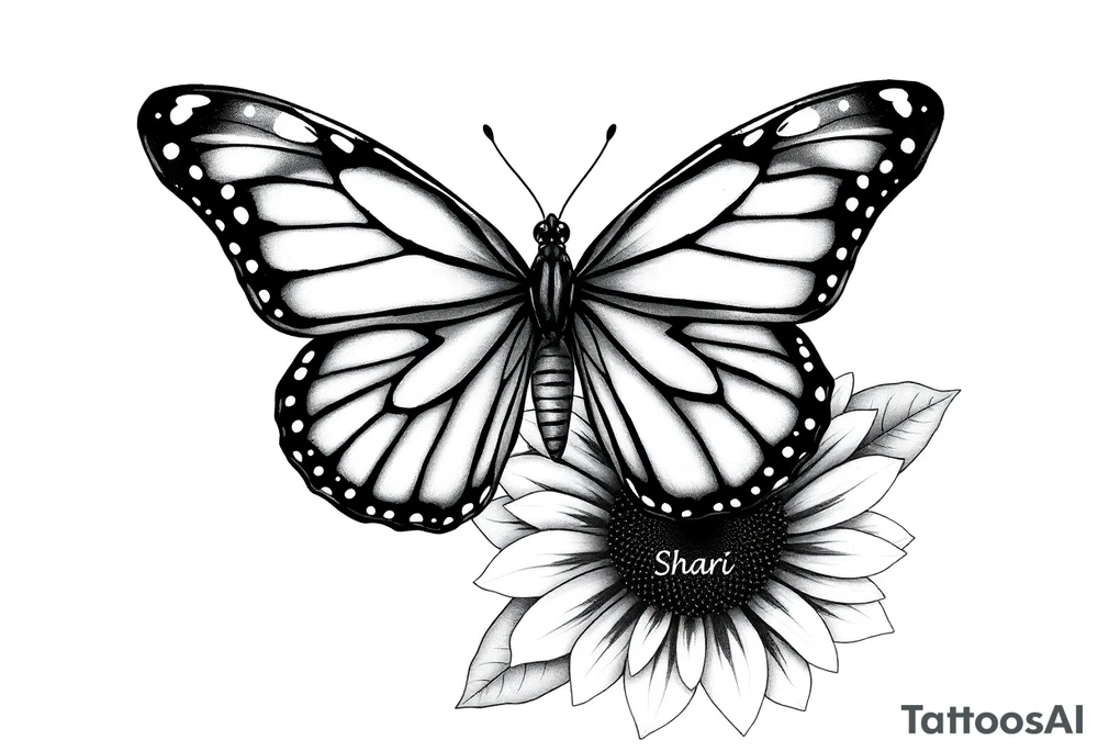 The central focus is a large butterfly with intricate wing patterns, which appears to be a monarch butterfly. It is resting on a sunflower, with its wings spread open.With the name Shari  in it tattoo idea