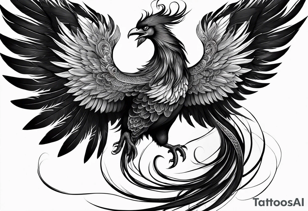 asian elegant long feathered phoenix
with a long neck, with wings closed tattoo idea