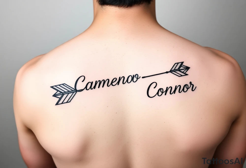 1 fancy feminine arrow that incorporates the name Cameron and another feminine arrow that incorporates the name Connor tattoo idea