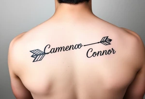 1 fancy feminine arrow that incorporates the name Cameron and another feminine arrow that incorporates the name Connor tattoo idea