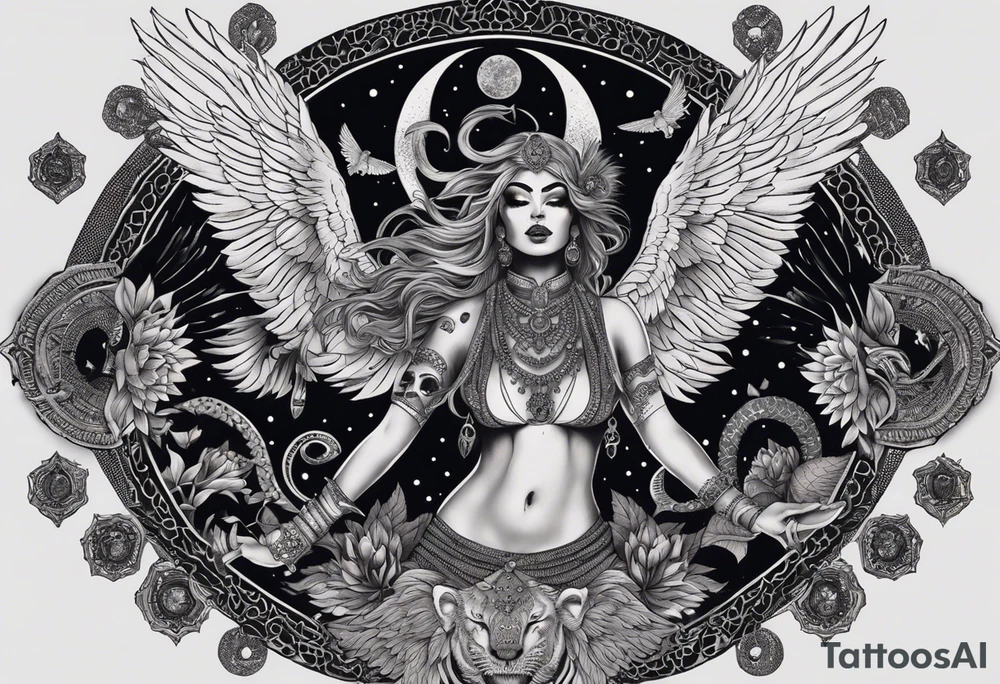 black kali, goddess pirate, alien, angel, pachamama, valkrye, warrior, flying, skull, lotus azul, wing, eagle, zenza resonance, stars, 5D, anahata chakra, death, durga, riding on a tiger, flying lady, kundalini, chest tatoo, samuri, rebel,s erpent tattoo idea
