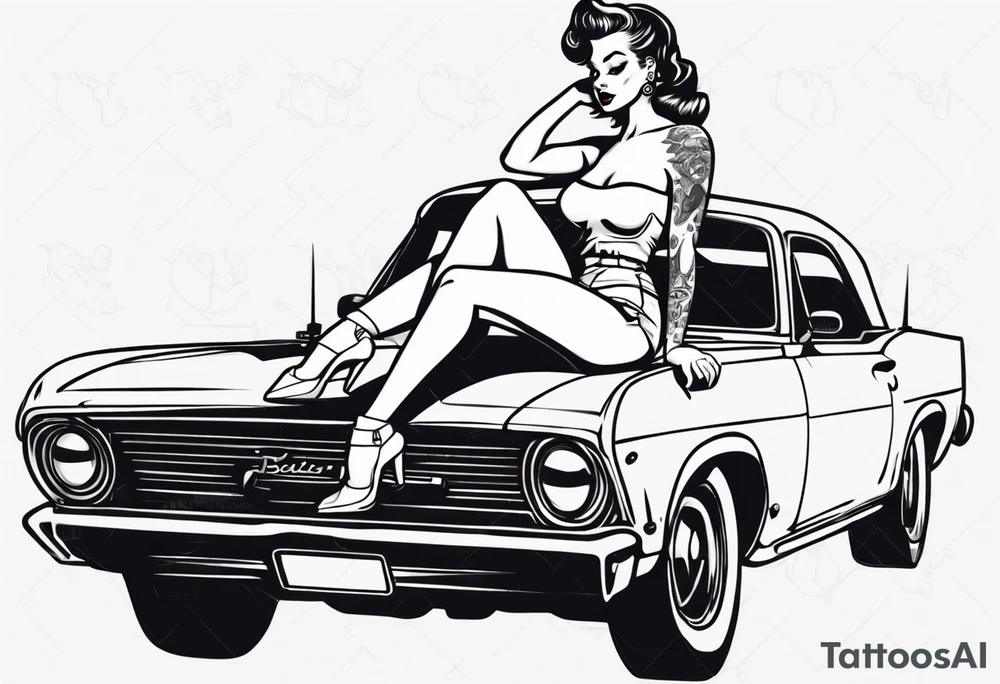 Pinup doll sitting on the hood of an old vintage car tattoo idea