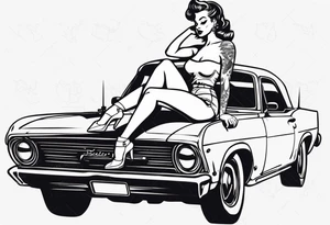 Pinup doll sitting on the hood of an old vintage car tattoo idea