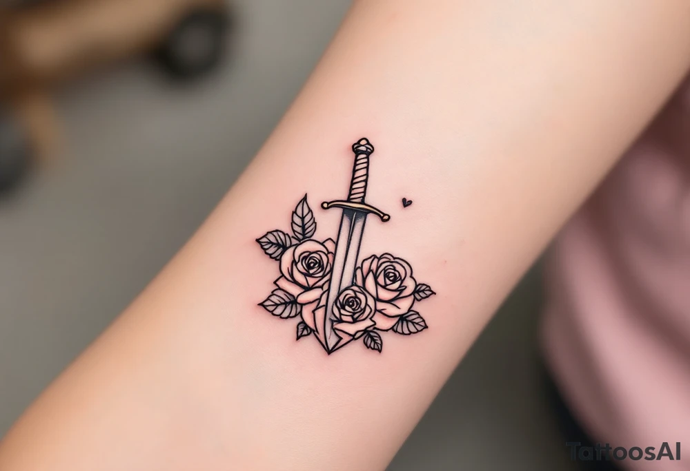 dagger piercing a heart with roses tattoo idea