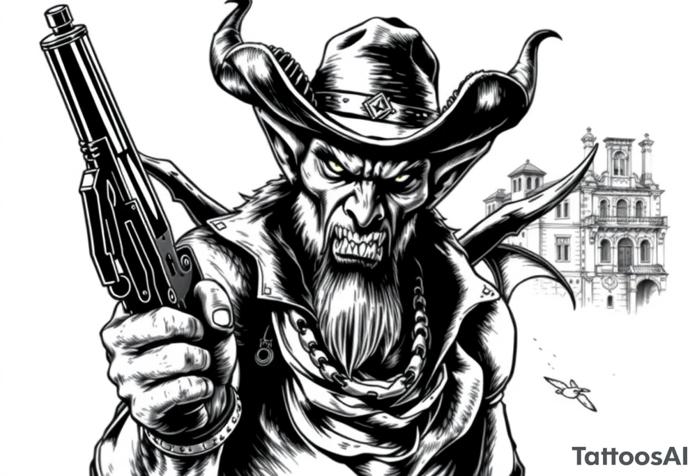 a demon with cowboy-hat ,a gun in a hand, old buildings in the background. tattoo idea