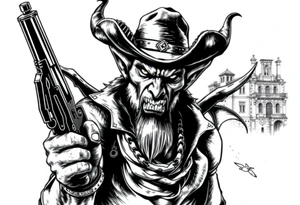a demon with cowboy-hat ,a gun in a hand, old buildings in the background. tattoo idea