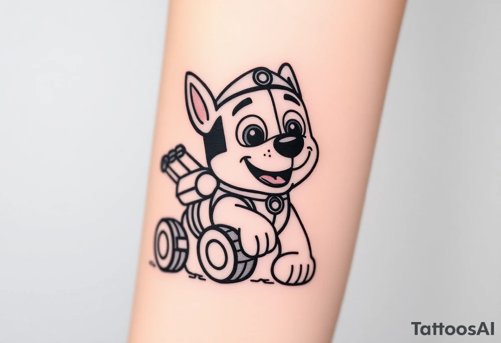 A powerful Paw PAtrol member Rubble in action, with his digger in the background and a dust cloud around him, symbolizing strength and determination. tattoo idea