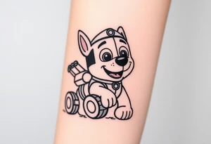 A powerful Paw PAtrol member Rubble in action, with his digger in the background and a dust cloud around him, symbolizing strength and determination. tattoo idea