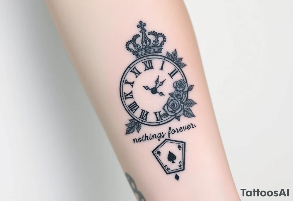 Roman clock with roses and a crown,  a quote that says nothings forever. and on the bottom a deck of cards tattoo idea