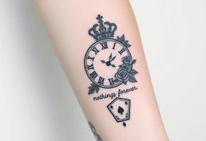 Roman clock with roses and a crown,  a quote that says nothings forever. and on the bottom a deck of cards tattoo idea