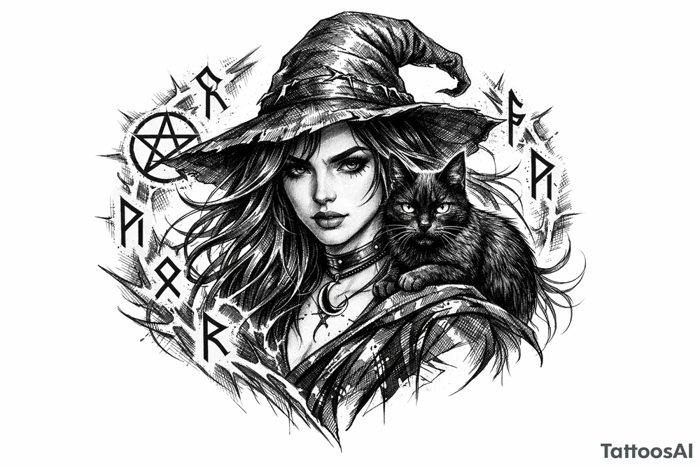 Young witch with flowing hair, a black cat perched on her shoulder, surrounded by glowing magical runes. tattoo idea